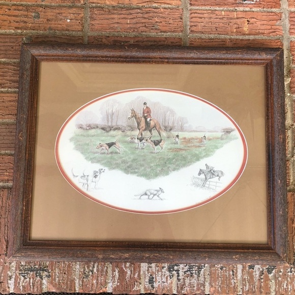 Vintage Framed Nigel Hemming 1985 Pencil Signed Print Fox Hunter, Dogs & Fox
